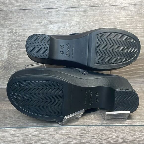 Crocs Sarah Black Rubber Women’s Sz 7 Slip On Buckle Strap Heeled Clogs Mules - Picture 8 of 11